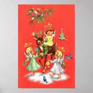 Retro WeihnachtsAngeln und Rentiere Poster