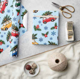 Retro-Weihnachtsautos & Bäume Wasserfarben-Geschen Geschenkpapier