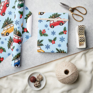 Retro-Weihnachtsautos & Bäume Wasserfarben-Geschen Geschenkpapier