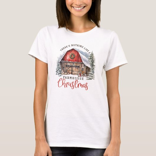 Retro Weihnachtsbauernhaus rote Scheune gemütliche T-Shirt (Vorderseite)
