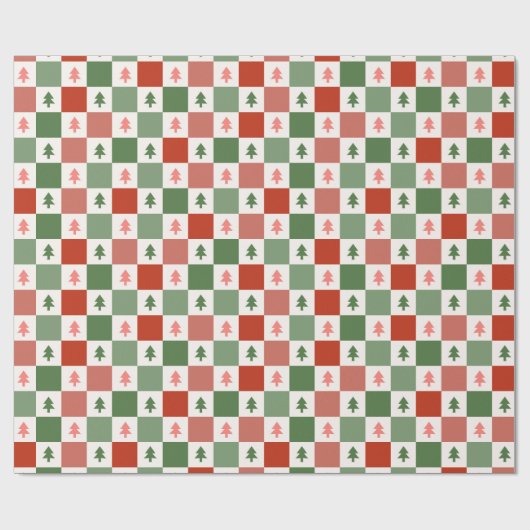 Retro Weihnachtsbaum Checkerboard Holiday Pattern Geschenkpapier (Flach)