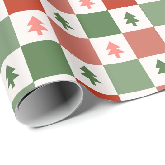 Retro Weihnachtsbaum Checkerboard Holiday Pattern Geschenkpapier (Rolleneckpunkt)