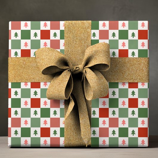 Retro Weihnachtsbaum Checkerboard Holiday Pattern Geschenkpapier