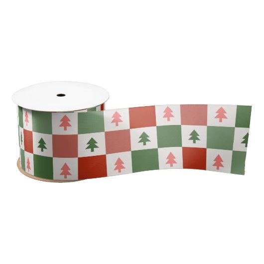 Retro Weihnachtsbaum Checkerboard Holiday Pattern Satinband (Spule)