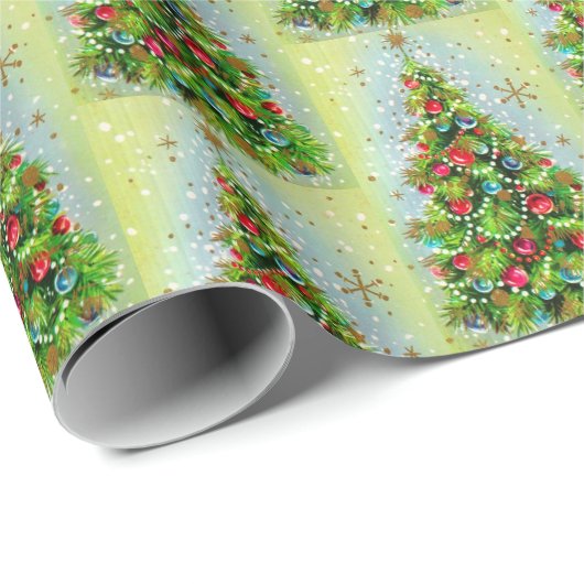Retro Weihnachtsbaum grün & rot Geschenkpapier (Rolleneckpunkt)