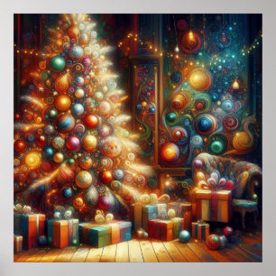 Retro-Weihnachtsbaum mit Geschenken darunter an de Poster
