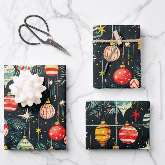 Retro-Weihnachtsbaum-Ornamente Geschenkpapier Set (Vorderseite)