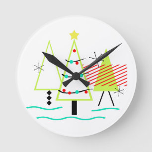 Retro-Weihnachtsbäume im Stil der Mitte des 20. Ja Runde Wanduhr