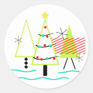 Retro-Weihnachtsbäume im Stil der Mitte des 20. Ja Runder Aufkleber