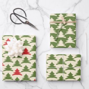 Retro Weihnachtsbäume in Olive Green Cream Geschenkpapier Set