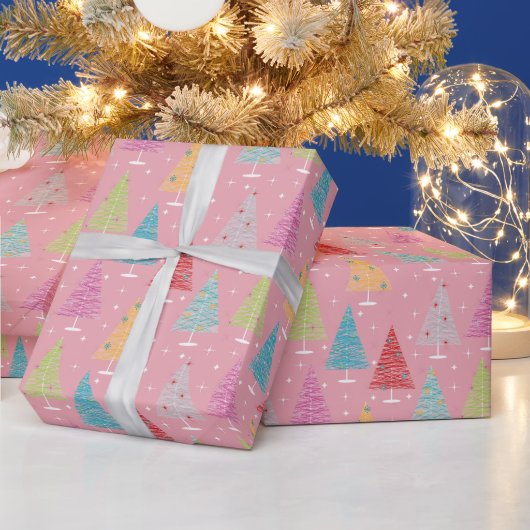 Retro Weihnachtsbaumen Rosa Weihnachten Geschenkpapier (Feiertage)