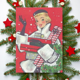 Retro-Weihnachtseinkaufsmädchen im Stil der 1950er Feiertagskarte