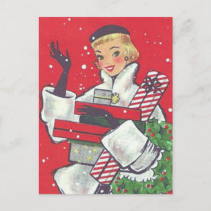 Retro-Weihnachtseinkaufsmädchen im Stil der 1950er Feiertagspostkarte