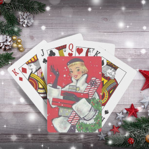 Retro-Weihnachtseinkaufsmädchen im Stil der 1950er Spielkarten