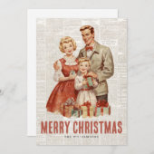 Retro Weihnachtsfamilie auf Altzeitungen Hintergru Feiertagskarte (Vorne/Hinten)
