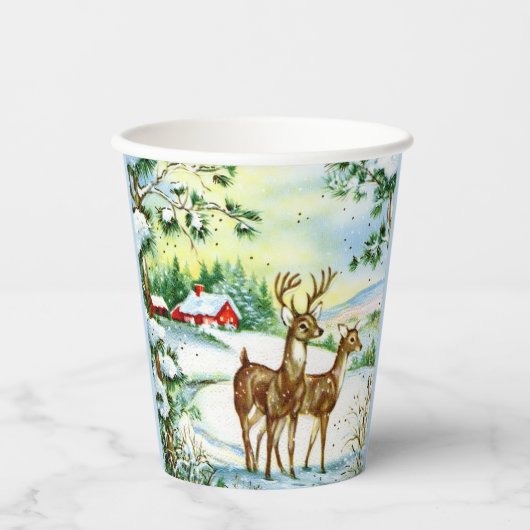 Retro-Weihnachtsfest Winterhirsche Party Pappbecher (Vorderseite)
