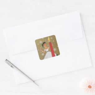 Retro-Weihnachtsfrau Weihnachtsmarke Holiday Aufkl Quadratischer Aufkleber