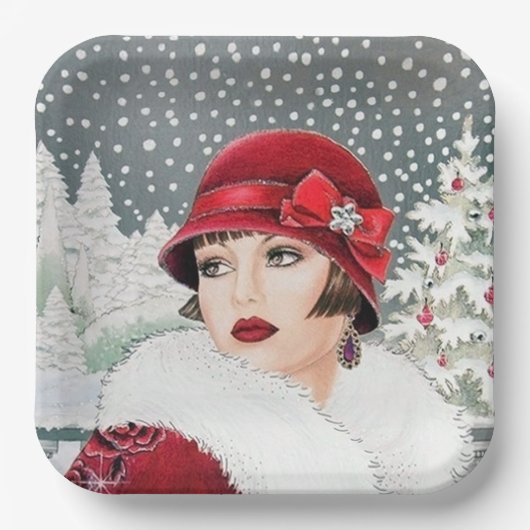 Retro Weihnachtsfrauen Pappteller (Vorderseite)