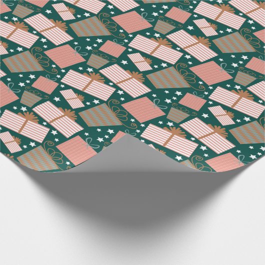 Retro Weihnachtsgeschenk Muster in Peach und Aquam Geschenkpapier (Ecke)