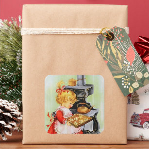 Retro-Weihnachtsgirl beim Backen Quadratischer Aufkleber