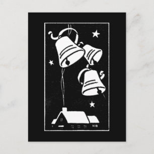 Retro Weihnachtsglocken und -haus Feiertagspostkarte