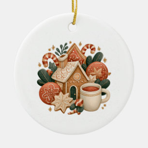 Retro-Weihnachtshaus mit Kakao und Keksen Keramik Ornament