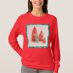 Retro-Weihnachtshirsch mit Aqua-Rahmen auf Rot T-Shirt