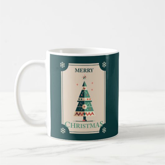 Retro Weihnachtskarte mit geometrischem Baumdesign Kaffeetasse (Links)