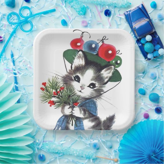 Retro-Weihnachtskatze Pappteller (Party)
