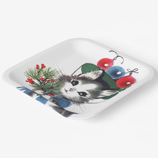 Retro-Weihnachtskatze Pappteller (Gewinkelt)