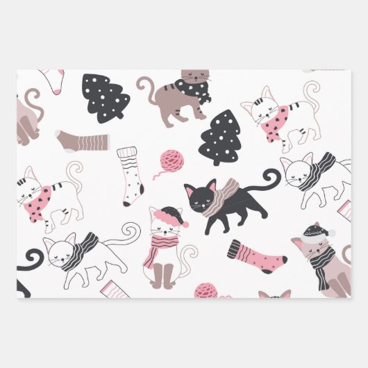 Retro Weihnachtskatzen Geschenkpapier Set (Vorderseite)