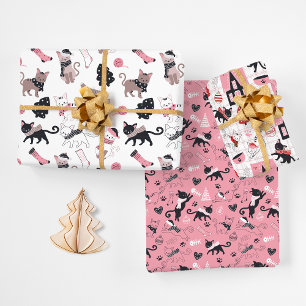 Retro Weihnachtskatzen Rosa Grau Geschenkpapier Set