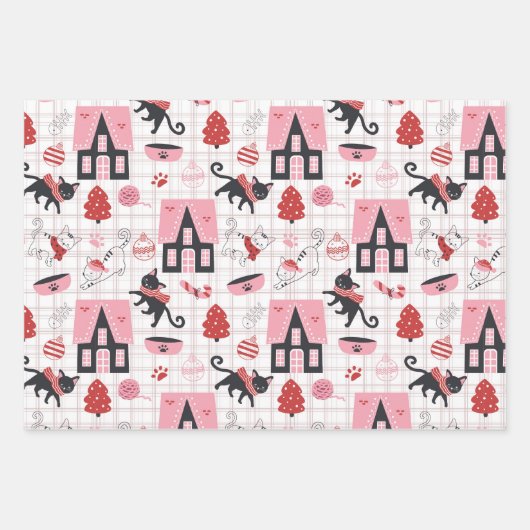 Retro Weihnachtskatzen Rosa Grau Geschenkpapier Set (Vorderseite 2)