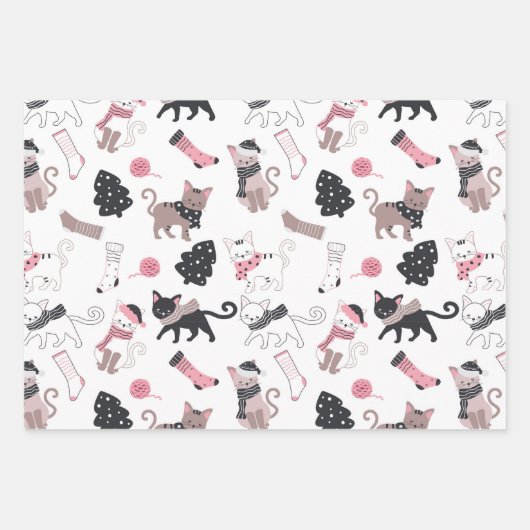 Retro Weihnachtskatzen Rosa Grau Geschenkpapier Set (Vorderseite)