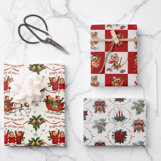 Retro-Weihnachtsklassiker-Trio Geschenkpapier Set (Vorderseite)