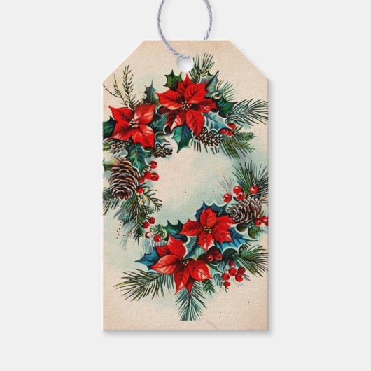 Retro-Weihnachtskranz mit Kiefern Geschenkanhänger (Vorderseite)