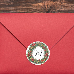 Retro Weihnachtskranz und Monogramm Wasserfarbe Runder Aufkleber