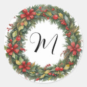 Retro Weihnachtskranz und Monogramm Wasserfarbe Runder Aufkleber (Vorderseite)