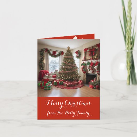 Retro Weihnachtslandschaft, Baum, Geschenke, Karte (Vorderseite)