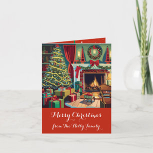 Retro Weihnachtslandschaft, Baum, Geschenke, Karte