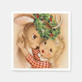 Retro-Weihnachtsmädchen Hirschfest Serviette (Vorderseite)