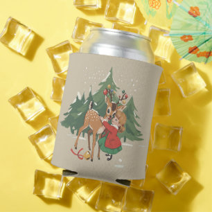 Retro-Weihnachtsmädchen und Rentier Vintage-Baum  Dosenkühler