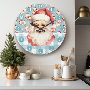 Retro Weihnachtsmann Blau-Weiß Kariert Weihnachten Große Wanduhr