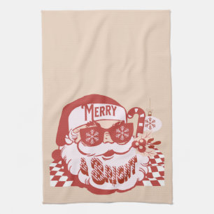 Retro Weihnachtsmann Frohe Weihnachten Pink Rot   Geschirrtuch