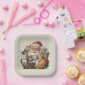 Retro Weihnachtsmann & Kätzchen Weihnachten Winter Pappteller (Party)