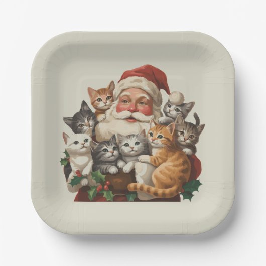 Retro Weihnachtsmann & Kätzchen Weihnachten Winter Pappteller (Vorderseite)