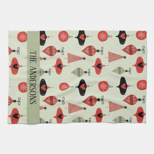 Retro Weihnachtsmuster Custom Family Name Green Geschirrtuch (Horizontal)