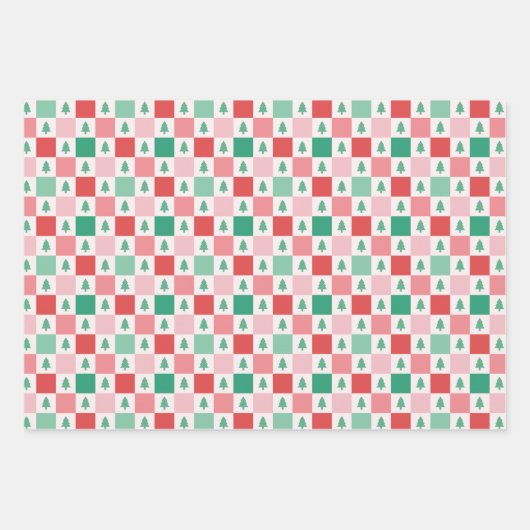 Retro Weihnachtsmuster in Rot, Rosa und Grün Geschenkpapier Set (Vorderseite)