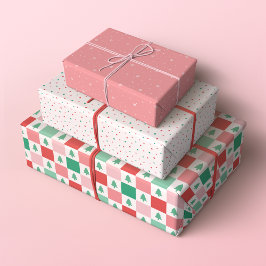 Retro Weihnachtsmuster in Rot, Rosa und Grün Geschenkpapier Set