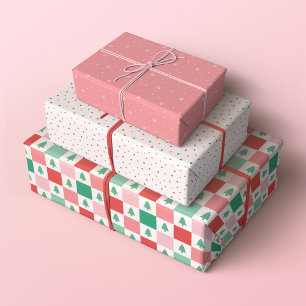 Retro Weihnachtsmuster in Rot, Rosa und Grün Geschenkpapier Set